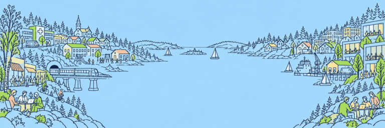 pm3 Omni blå samhällsillustration med gröna accentfärger